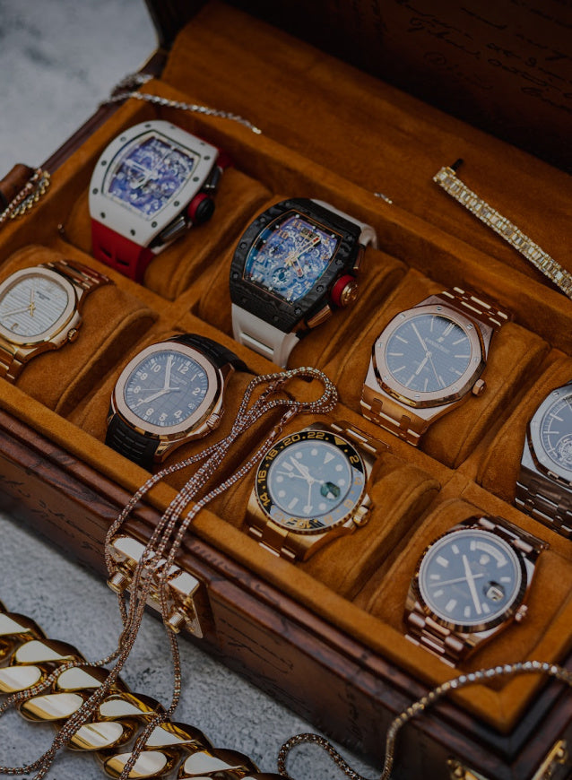 Professional watch dealer collection in wooden display box